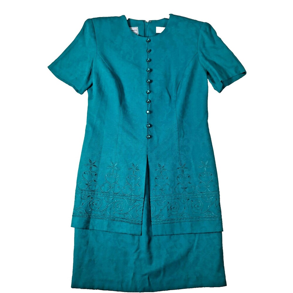 Vintage Karin Stevens Petites Teal Embroidered One-Piece Dress-Women's SZ 8
